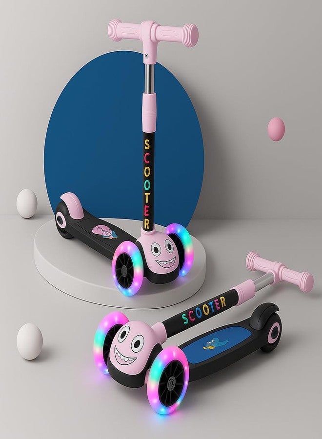 TOBY Kids 3-Wheel Scooter with Flash Wheels, Adjustable Height Handlebar, Foldable Design, Cartoon Face for Boys & Girls (Pink, Ages 3-8) - Image 1